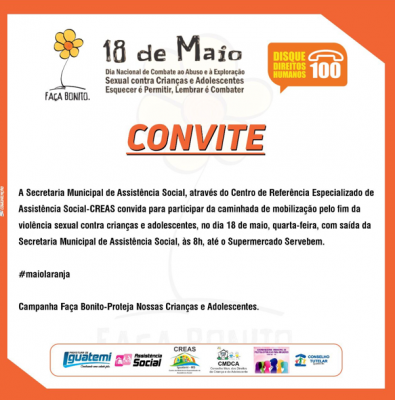 ASSISTÊNCIA SOCIAL REALIZARÁ CAMINHADA EM ALUSÃO AO MAIO LARANJA EM IGUATEMI.