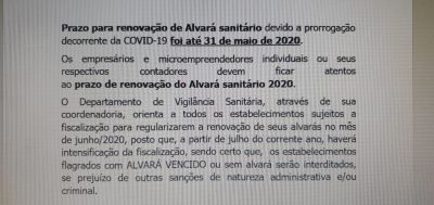 O DEPARTAMENTO DE VIGILÂNCIA SANITÁRIA ALERTA SOBRE ALVARÁ SANITÁRIO