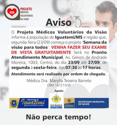 AÇÃO CONJUNTA DISPONIBILIZARÁ ATENDIMENTO OFTALMOLÓGICO GRATUITO.